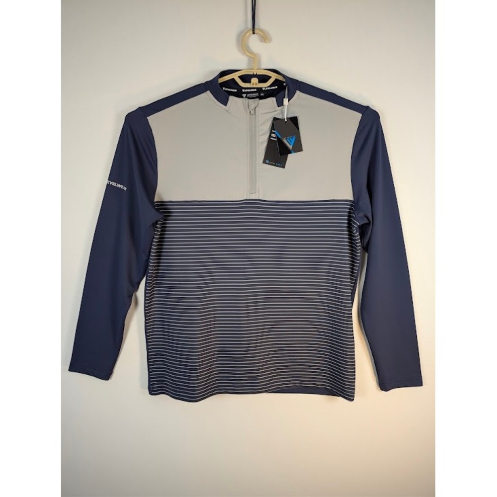 Levelwear Wade Quarter-Zip Pullover Mens M Navy Gray Stripe Lightweight Golf NEW